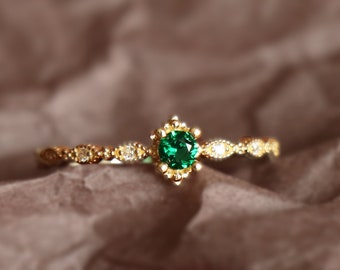 9K Solid Gold Emerald Green Gemstone Stackable Thin Band Dainty Ring, Retro Minimalist Gemstone Statement Ring, Real Gold Stackable Ring