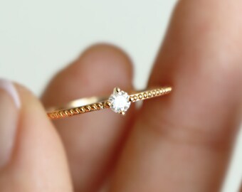 9K Solid Gold Dainty Ring, Minimalist Thin Band, Cubic Zirconia