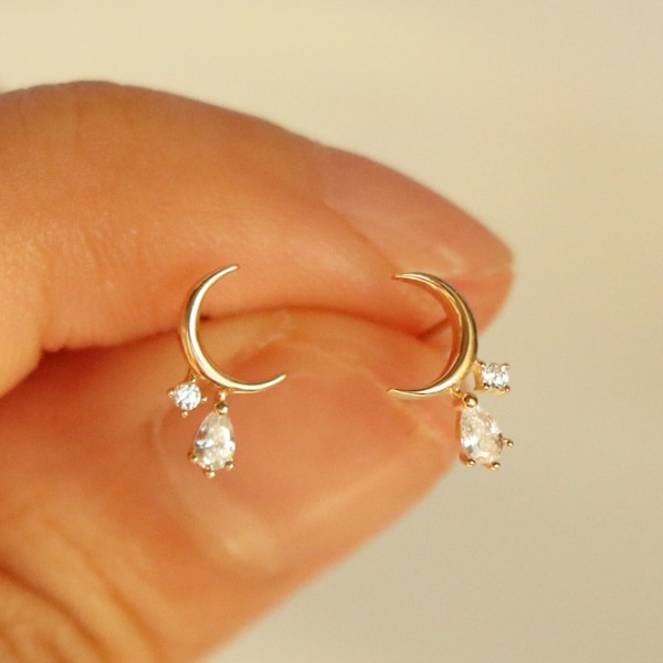9K Gold Moon Stud Earrings, Dainty Celestial Jewelry