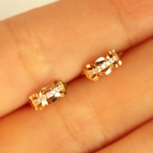 9K Solid Gold Huggie Hoop Earrings, CZ Diamond Dainty Hinged Earrings