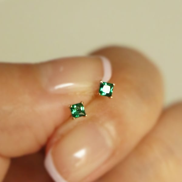 14K Solid Gold Emerald Stud Earrings, Minimalist Gemstone