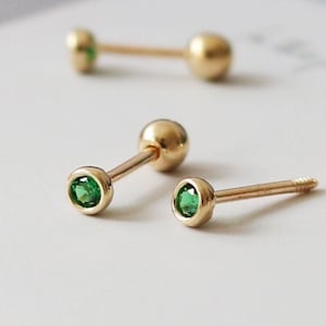 10K Solid Gold Emerald Green Gemstone Tiny Stud Earrings, 10K Real Gold Emerald ball end piercing, Cartilage Helix 2nd/3rd earlobe Piercings
