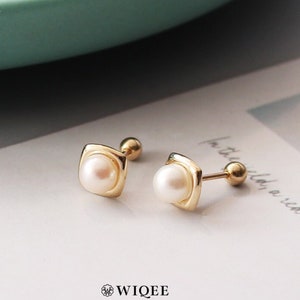 10K Gold Freshwater Pearl Stud Earrings, Minimalist Cartilage Piercing