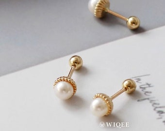 10K Solid Gold Natural Freshwater Pearl Tiny Stud Earrings, 10K Real Gold Pearl ball end piercing, Cartilage Helix 2nd/3rd earlobe Piercings
