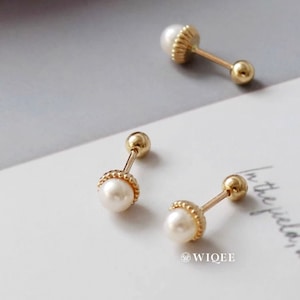 10K Solid Gold Natürliche Süßwasserperle kleine Ohrstecker, 10K Real Gold Pearl Kugelende, Knorpel Helix 2./3.Ohrlappen Piercings