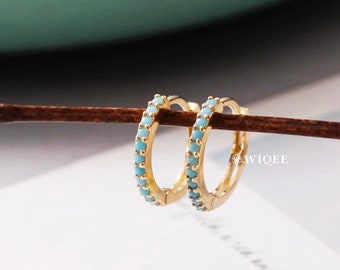 10K Solid Gold Turquoise Blue Gemstone Tiny Dainty Hoop Earrings, 10K Solid Gold Small Huggie Hoop Earrings, Hinged Solid Gold Earrings,