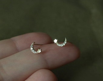 9K Solid Gold Dainty Small Moon CZ Stud Earrings,9K Real Gold CZ Diamond Delicate Sparkly Moon Stud Earrings,Delicate Stunning Stud Earrings