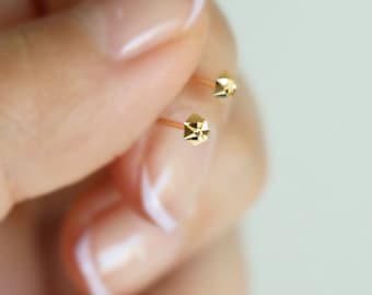 Può includere: Un paio di orecchini a perno in oro con un design geometrico sfaccettato. Gli orecchini sono piccoli e delicati e vengono mostrati tenuti in una mano.