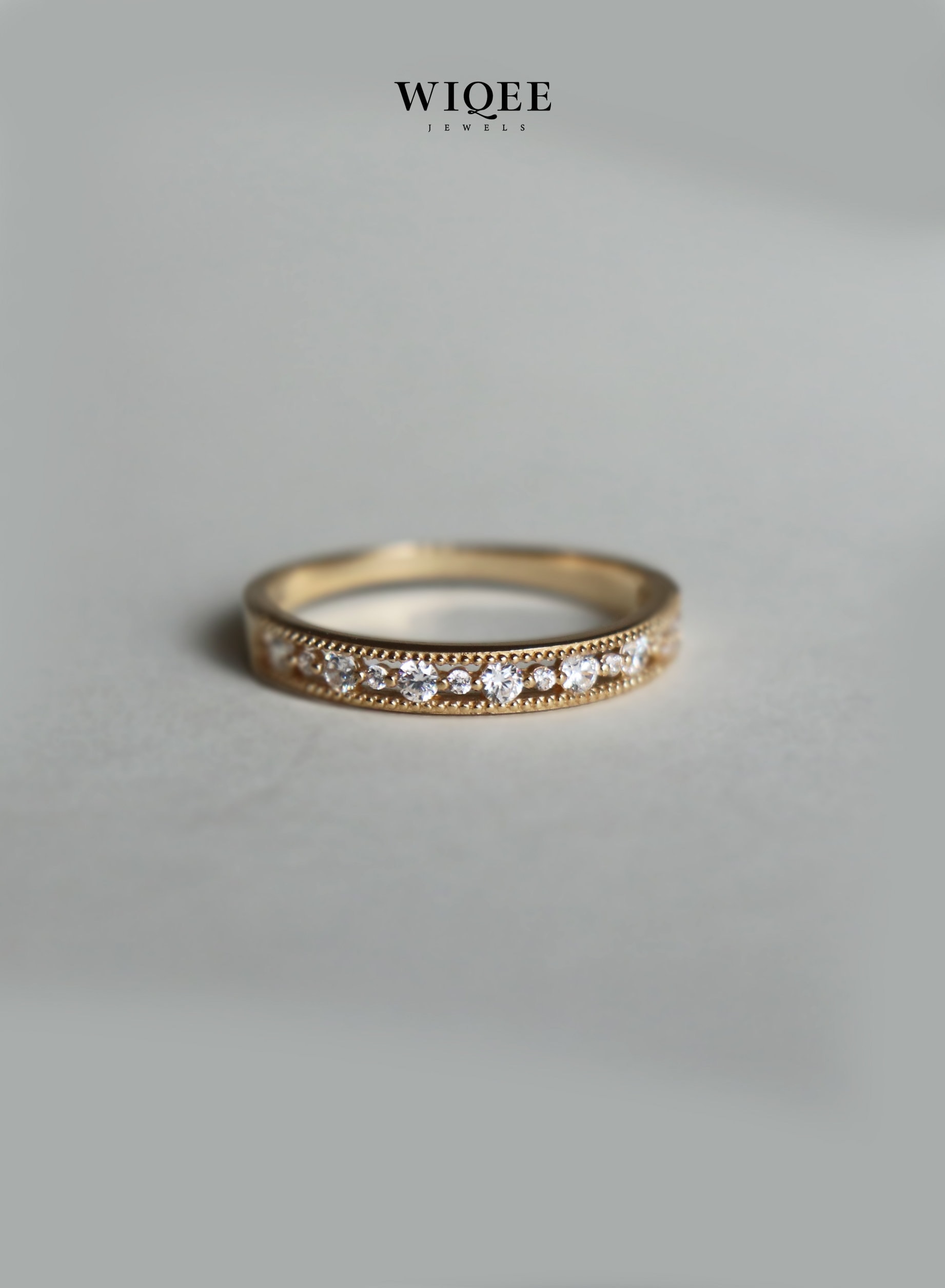 14K Solid Gold Dainty Ring, Stackable Cubic Zirconia Band - Etsy