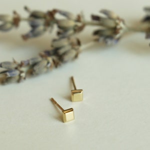 May include: A pair of gold square stud earrings on a white background. The earrings are small and delicate, with a simple design.