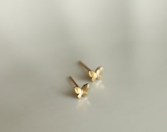 14K Solid Gold Butterfly Stud Earrings, Dainty Minimalist Jewelry