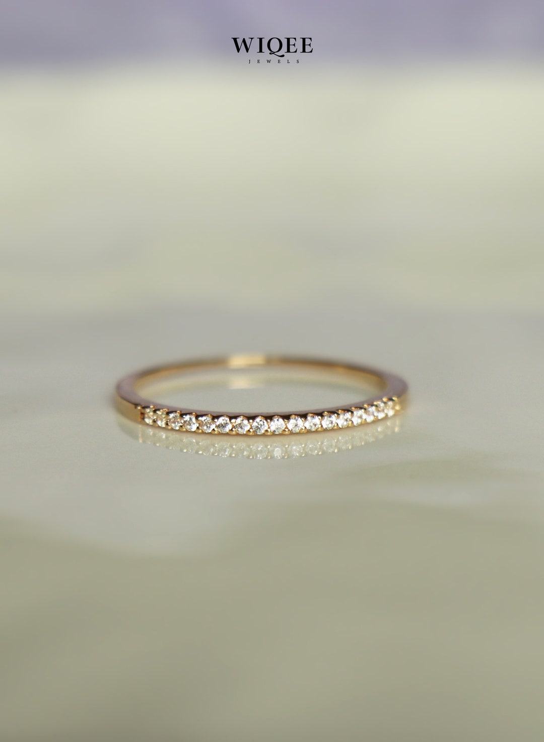 14K Solid Gold Dainty Ring, Minimalist Stackable Band With Cubic ...