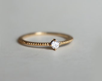 9K Solid Gold Dainty Ring, Minimalist Cubic Zirconia Band
