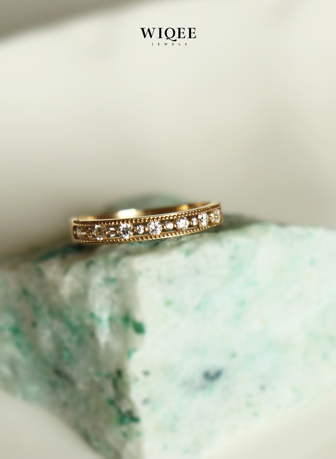 14K Solid Gold Dainty Ring, Stackable Cubic Zirconia Band - Etsy