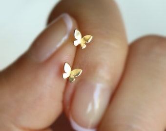 14K Solid Gold Butterfly Stud Earrings, Minimalist Dainty Jewelry