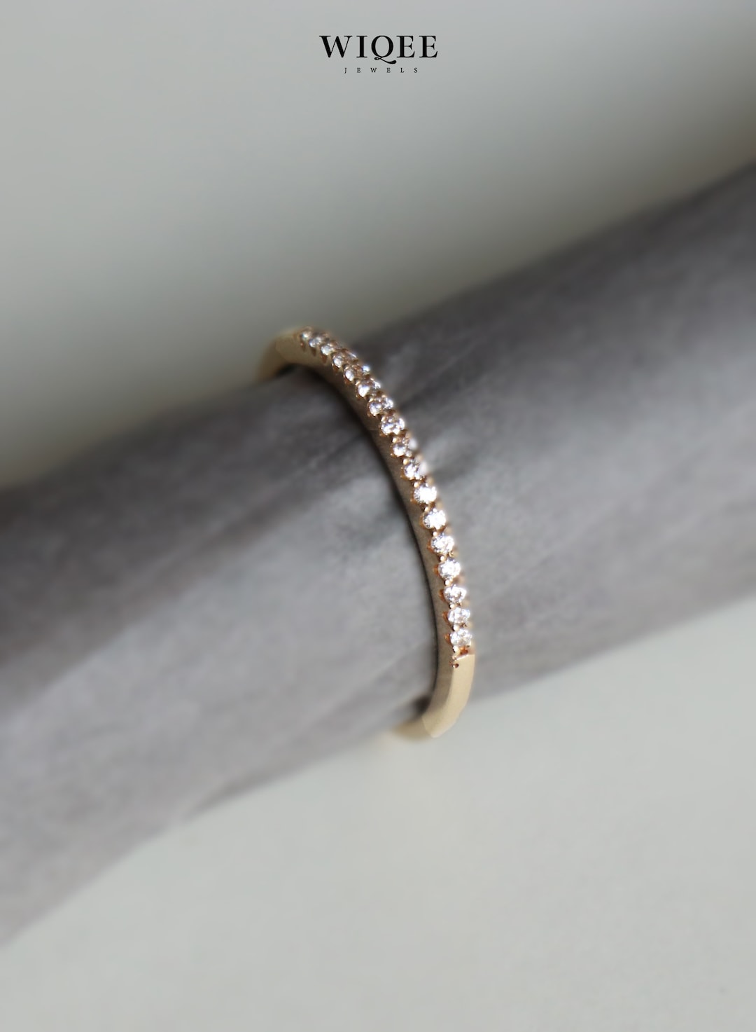 14K Solid Gold Thin Band Ring, Dainty Stackable Cubic Zirconia - Etsy
