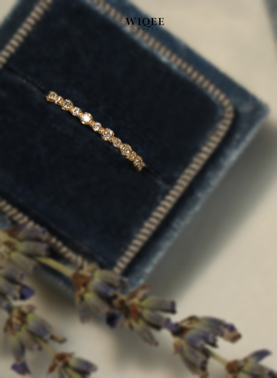 9K Solid Gold Thin Band Ring, Dainty Cubic Zirconia Stacking Ring