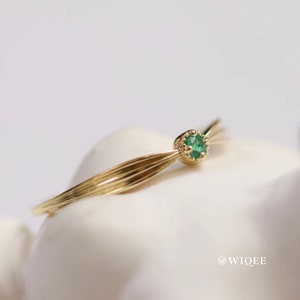 9K Solid Gold Emerald Green Gemstone Stackable Thin Band Dainty Ring, Retro Minimalist Gemstone Statement Ring, Real Gold Stackable Ring