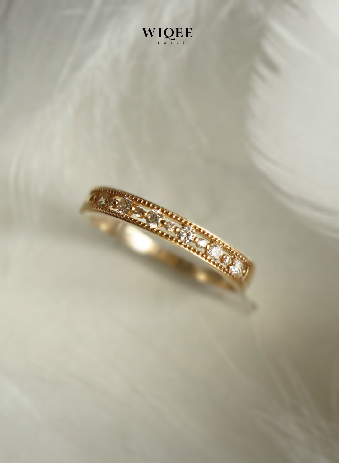 14K Solid Gold Dainty Ring, Minimalist Stackable Band With Cubic ...