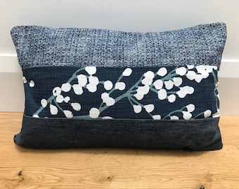 Blue panelled patchwork cushion