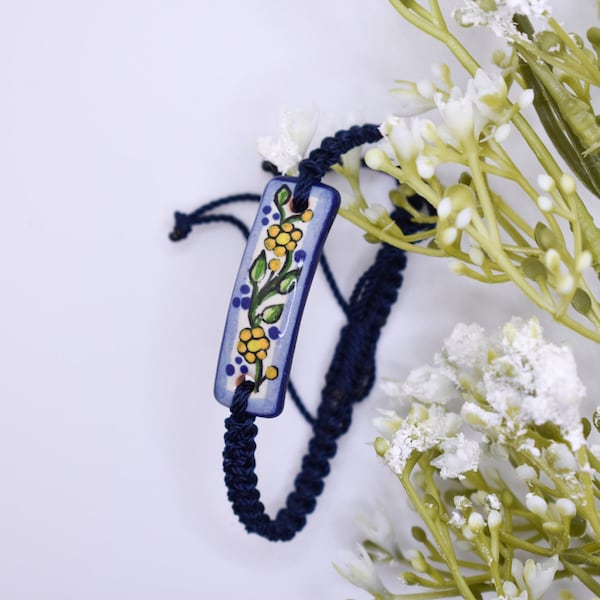 Yellow Flowers Pattern Talavera Bracelet / handmade / hand-painted / unique gift for him or her / Adjustable / Made in Mexico / Authentic