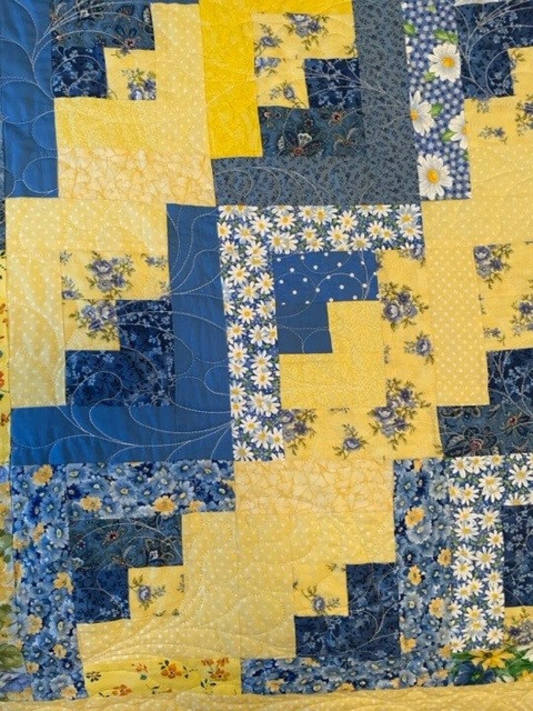 Quilt Full Size Bright Yellow and Blue Diagonal Log Cabin Etsy