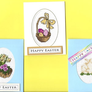 Set of 3 Finished Stitched Mini Easter Cross Stitch Cards with Matching Envelopes, card size 89 x 114mm