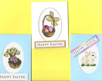 Set of 3 Finished Stitched Mini Easter Cross Stitch Cards with Matching Envelopes, card size 89 x 114mm