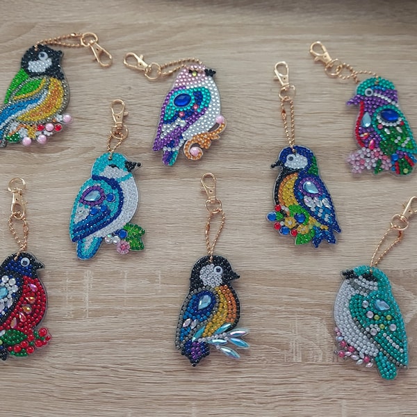 Exotic Birds Double Sided Diamond Art/Painting  Keyring, chain/bag or zip/zipper charm, 8 different designs, finished bird size appx 80x50mm