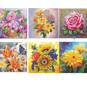 Cartes faites main de fleurs vibrantes, art diamant, peinture au diamant, belles cartes florales - 6 options - choisissez votre propre taille finie 150 x 150 mm,