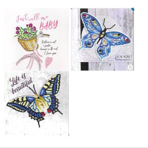 Mejores deseos Arte de diamante hecho a mano, Pintura de diamante, Tarjeta de felicitación - 3 opciones. Elija su favorito - tamaño 150 x 150 mm, mariposa / bicicleta