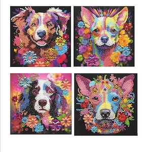 Fantastische honden met bloemen handgemaakte kaarten Diamond Art, Diamond Painting, afgewerkte maat 150 x 150 mm, kies je favoriete hondje!