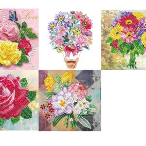 Handgemaakte kaarten rozen en roosjes Diamantkunst, diamantschilderij, mooi - 5 opties - kies je favoriet - afgewerkte maat: 150 x 150 mm
