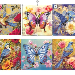 Exotische vogels en vlinders Handgemaakte diamantkunst, diamantschilderij, wenskaart - 6 ontwerpen - afgewerkte grootte: 150 x 150 mm vogelvlinder