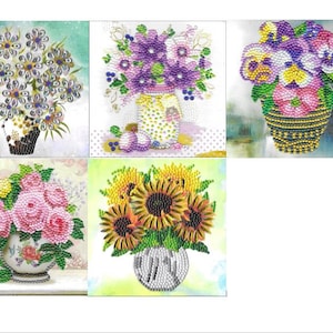 Levendige vazen met bloemen Handgemaakte kaarten Diamantkunst, diamantschilderij, prachtige bloemenkaarten - 5 opties, afgewerkte maat: 150 x 150 mm,