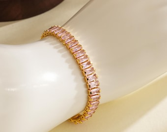 Gold Pink Gemstone Bracelet | Bridesmaid Jewellery | Eye Catching Tennis Bracelet | Gifts for Her