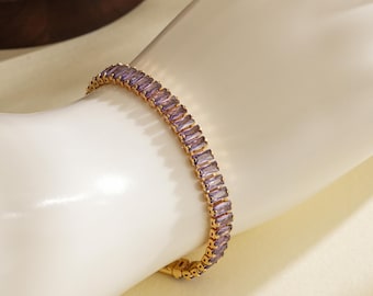 Vintage Gold Amethyst Tennis Bracelet – Rectangular Cut Gemstone Jewelry