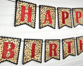 Red Glitter Cheetah Birthday Banner: Leopard Party Decor