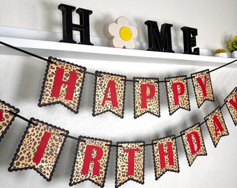 Red Cheetah Birthday Banner, Leopard Print Party Decor
