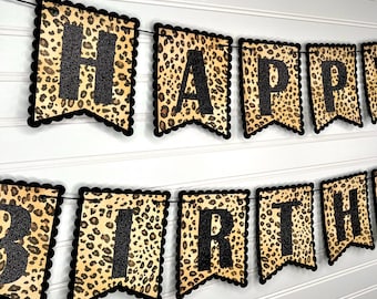 Black Glitter Leopard Birthday Banner: Cheetah Party Decorations