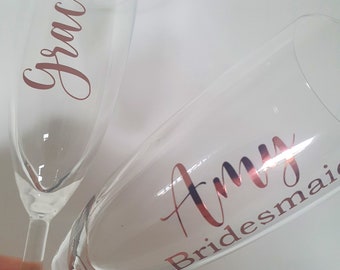 Personalised Champagne Flutes ,wedding keepsakes , bridal party photo prop , hen party , birthday , house warming any occassion