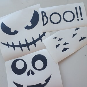 Conjunto de 4 fuentes y caras negras variadas calcomanías de calabaza de halloween calcomanías de ventana pegatinas de halloween calcomanías de nombre murciélagos truco o trato