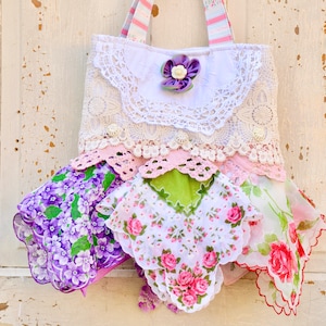 Shabby Chic Boho Handkerchief Handbag Made With Vintage Hankerchiefs With Wide Ecru Lace And Antique Pink Crochet Lace And  A Purple  Flower