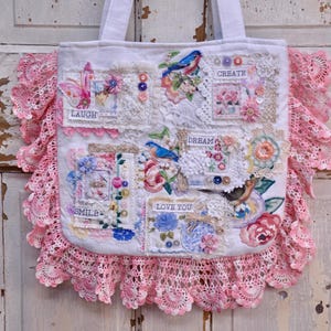 White Linen Shabby Chic Purse/Handbag. Made with Lace And Embroidered Snippets And Pink Floral Appliques With Pink Vintage Hand Crochet Lace