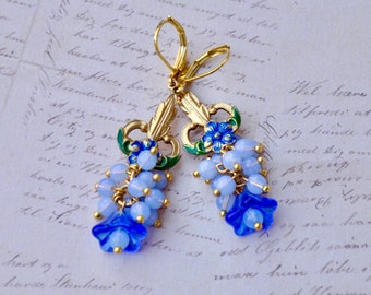 Blue Art Nouveau Dangle Earrings: Vintage Floral Miriam Haskell Finding