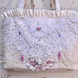 Shabby Chic Beige Handbag/Purse. Made From A Battenberg Table Topper. With Beige Scalloped Antique lace. And White Beaded Lace trim.