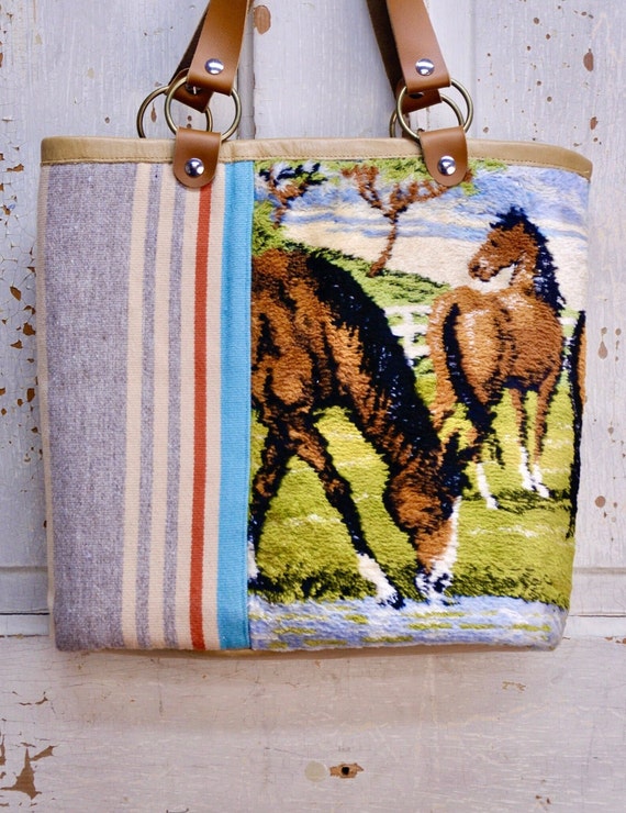 SouthWest Western Horse Tote purse Bag. Made From A Vintage Velvet Wall Hanging With Pendleton Wool Stripe Fabric. And Brown Leather Straps