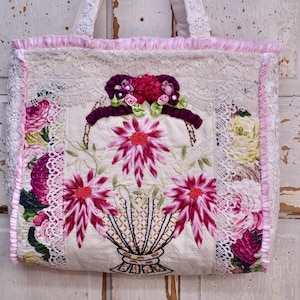 Shabby Chic Floral Handbag/Purse. Made From A Vintage Embroidery Table Runner. With Vintage Pink Floral Fabric. And Pink Gingham Ruffles.