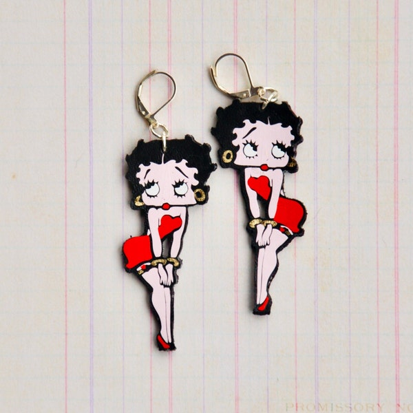 Classic Betty Boop Black Faux Leather Dangle Earrings With Iron On Vinyl Graphics. Hypoallergenic Silver Lever Back Earring Wires.