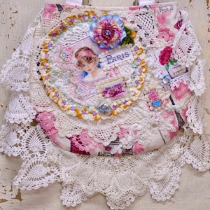 Shabby Chic Boho Handbag/Purse, Made With layered Crochet Doilies. And Paris Graphics, Trimmed With White Vintage Crochet Lace.